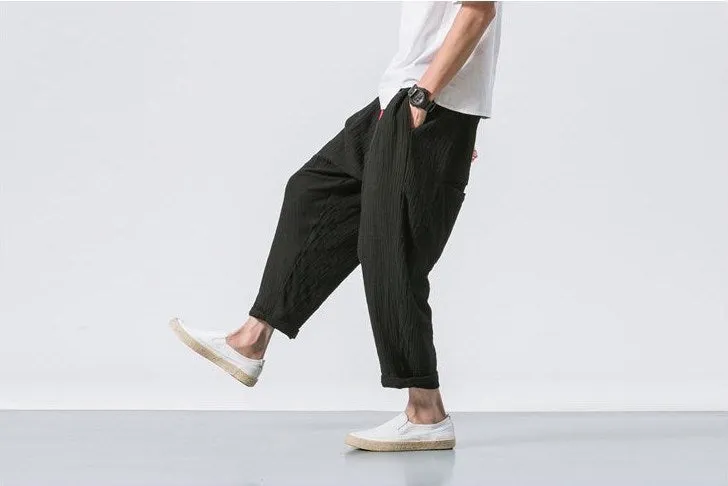 Aidase  Black Linen Cropped Trousers Ethnic Style Harem Pants Mens Baggy Pants Summer Japanese Loose Joggers