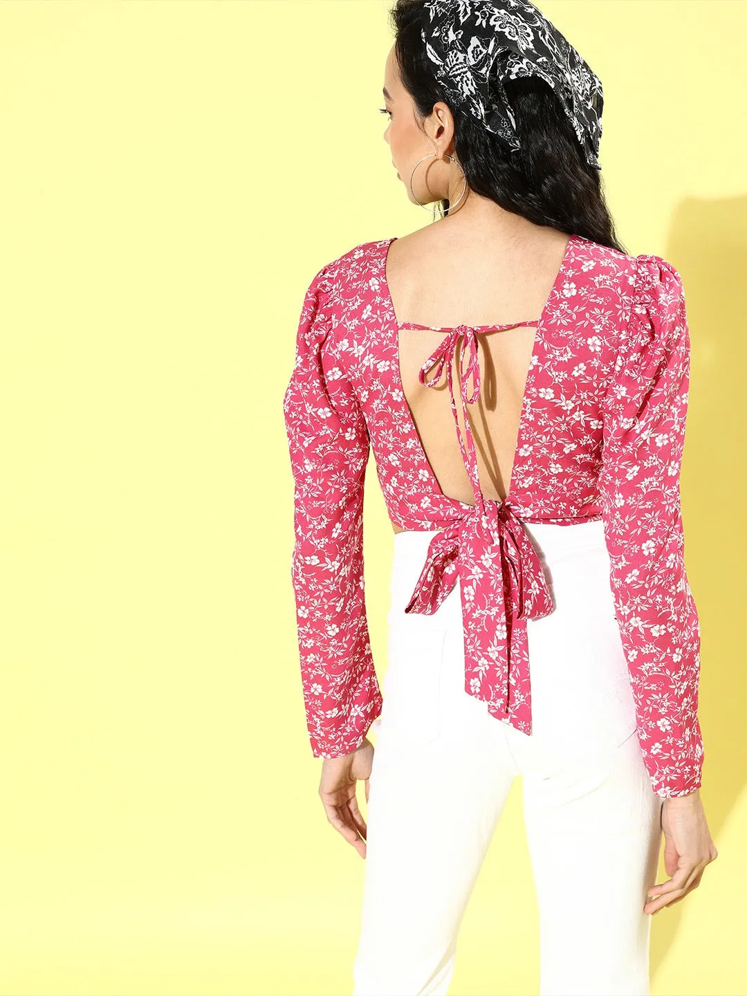 Berrylush Women Pink & White Floral Printed Round Neck Waist Tie-Up Backless Crop Top