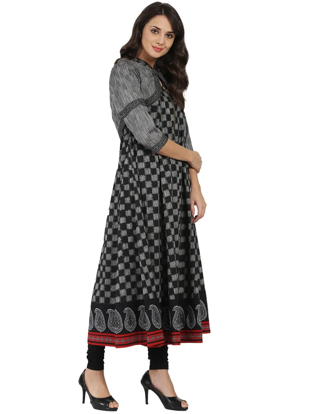 Black Printed Sleeveless South Cotton Anarkali  Kurta With 3/4Th Sleeve Jacket