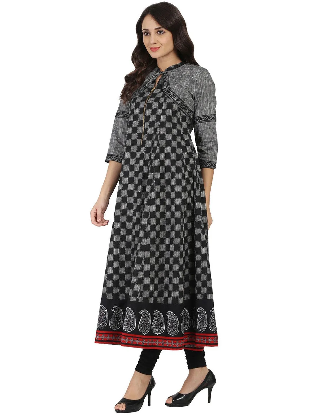 Black Printed Sleeveless South Cotton Anarkali  Kurta With 3/4Th Sleeve Jacket