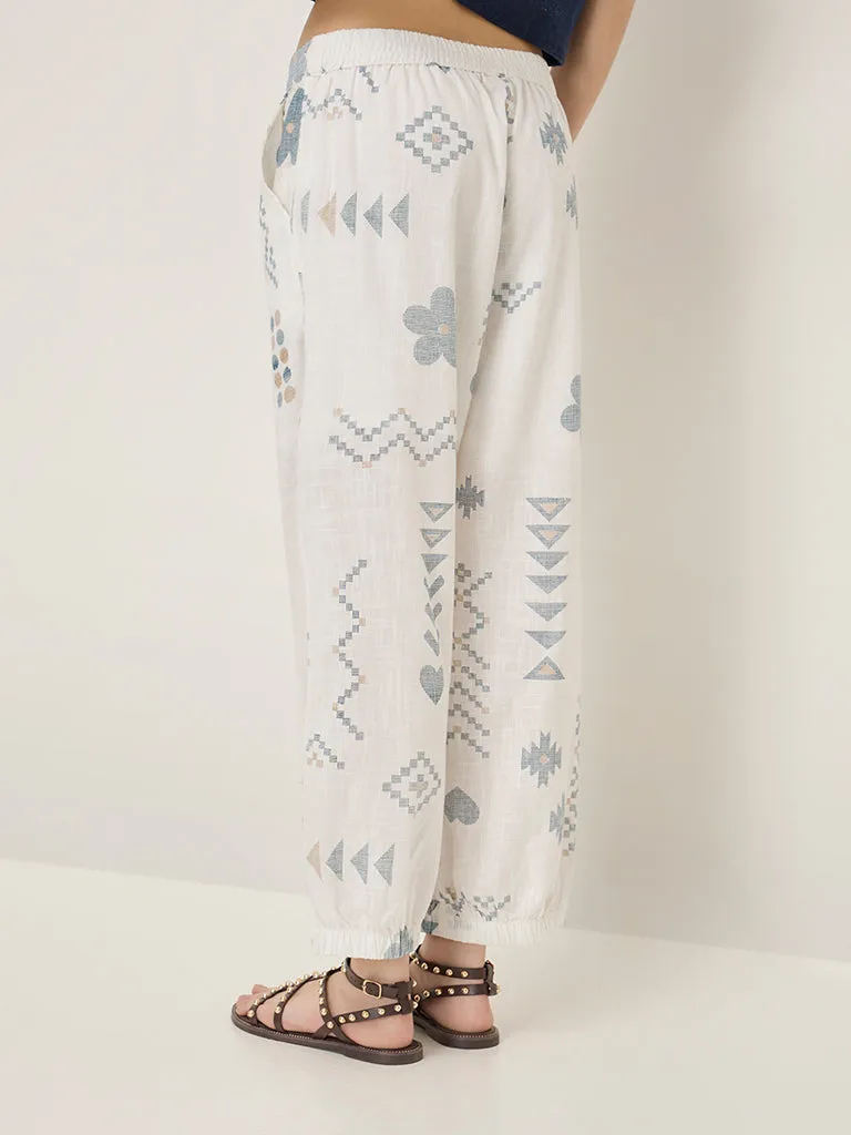 Bombay Paisley White Printed High-Rise Cotton-Blend Joggers