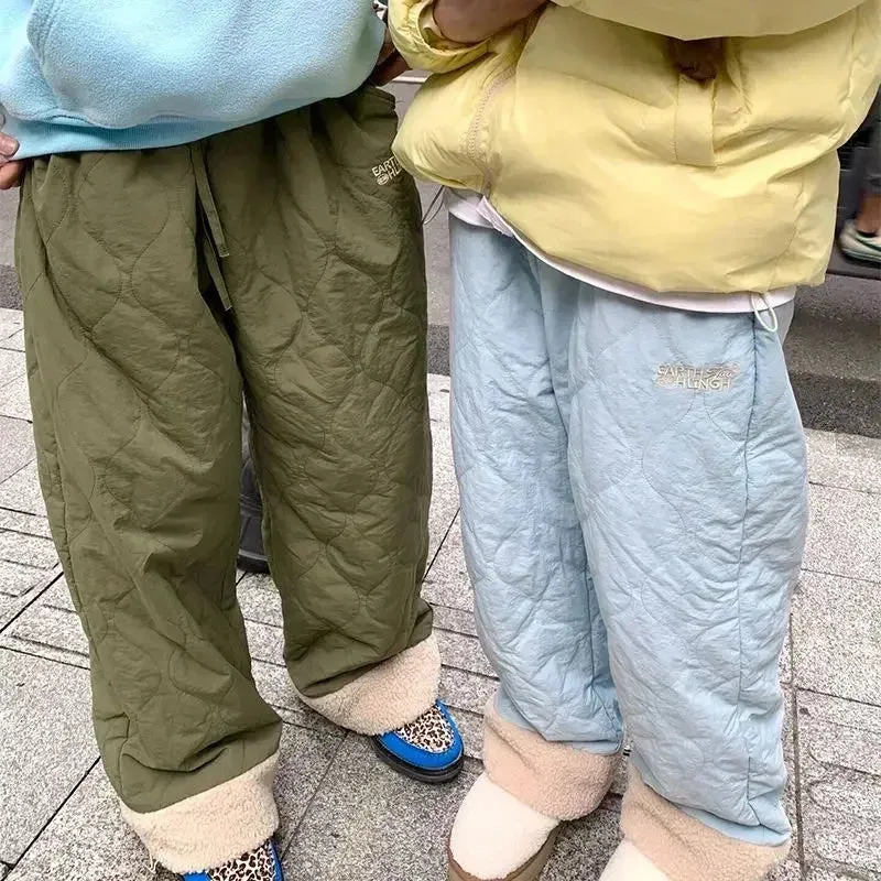 Bonnyshow Fleece Women's Brushed Pants Winter Warm Korean Fashion Cute Japanese Quilted Cotton-padded Trousers Harajuku Preppy