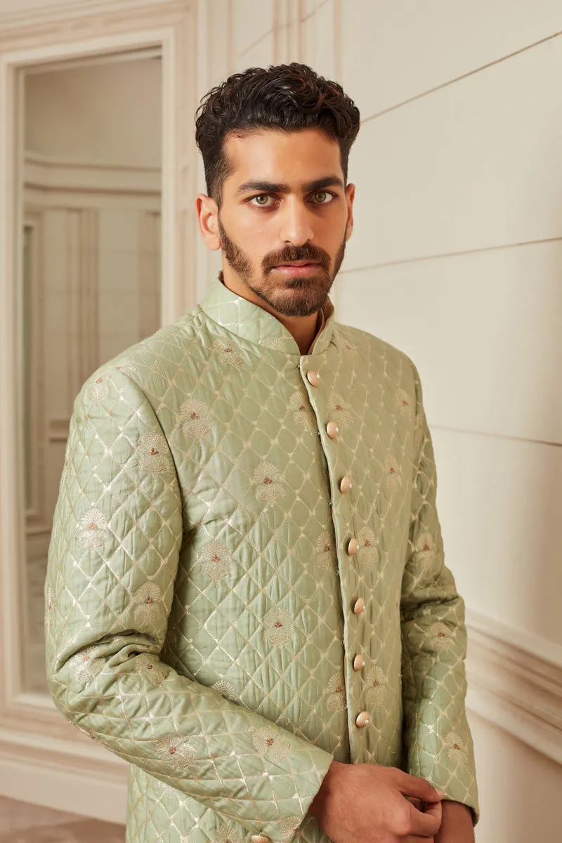 Jade Green Brocade Quilted Achkan