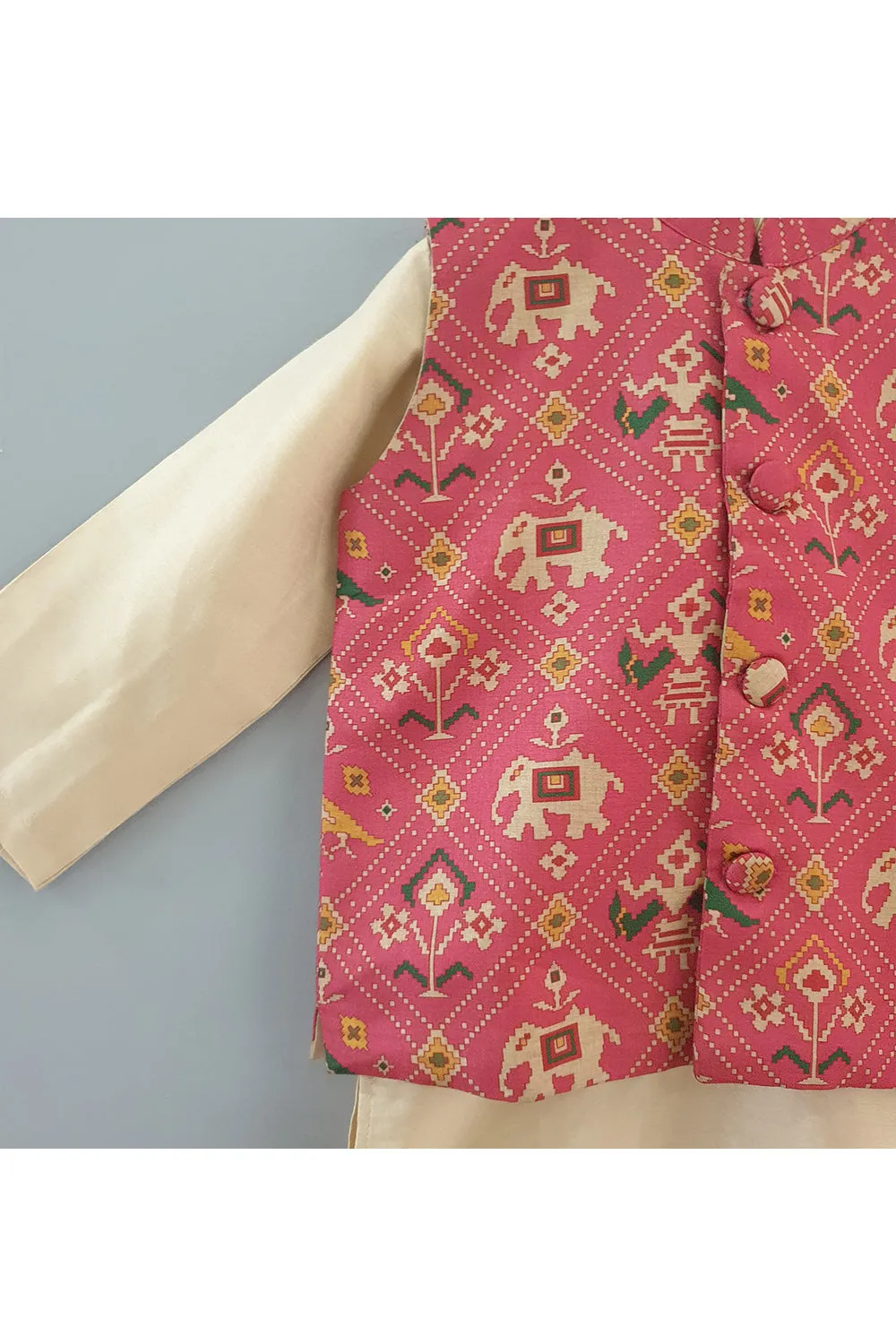Patola printed jacket with beige kurta and pyjama
