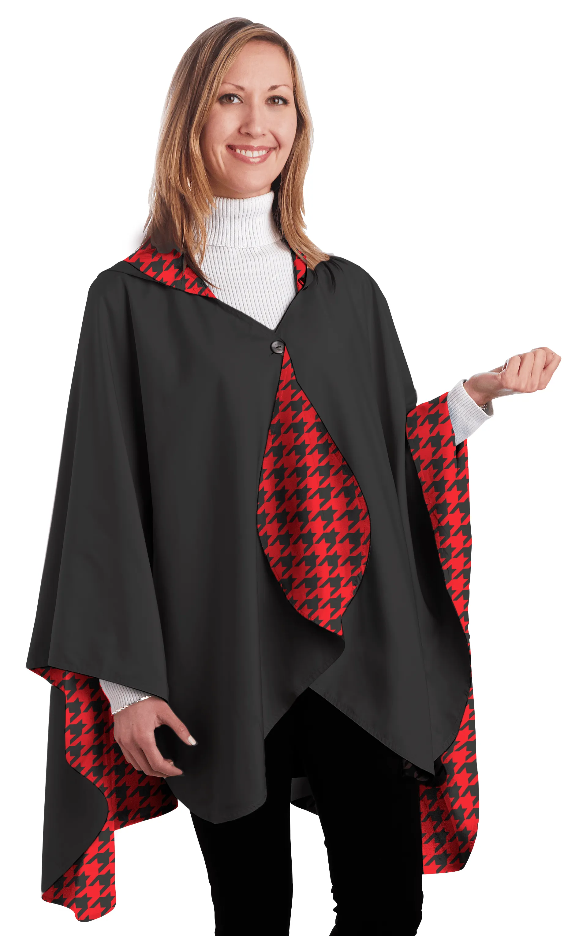 RainCaper Reversible Rain Cape in Black With Crimson Houndstooth
