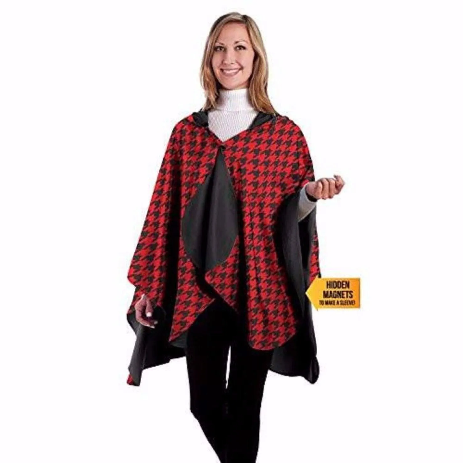 RainCaper Reversible Rain Cape in Black With Crimson Houndstooth