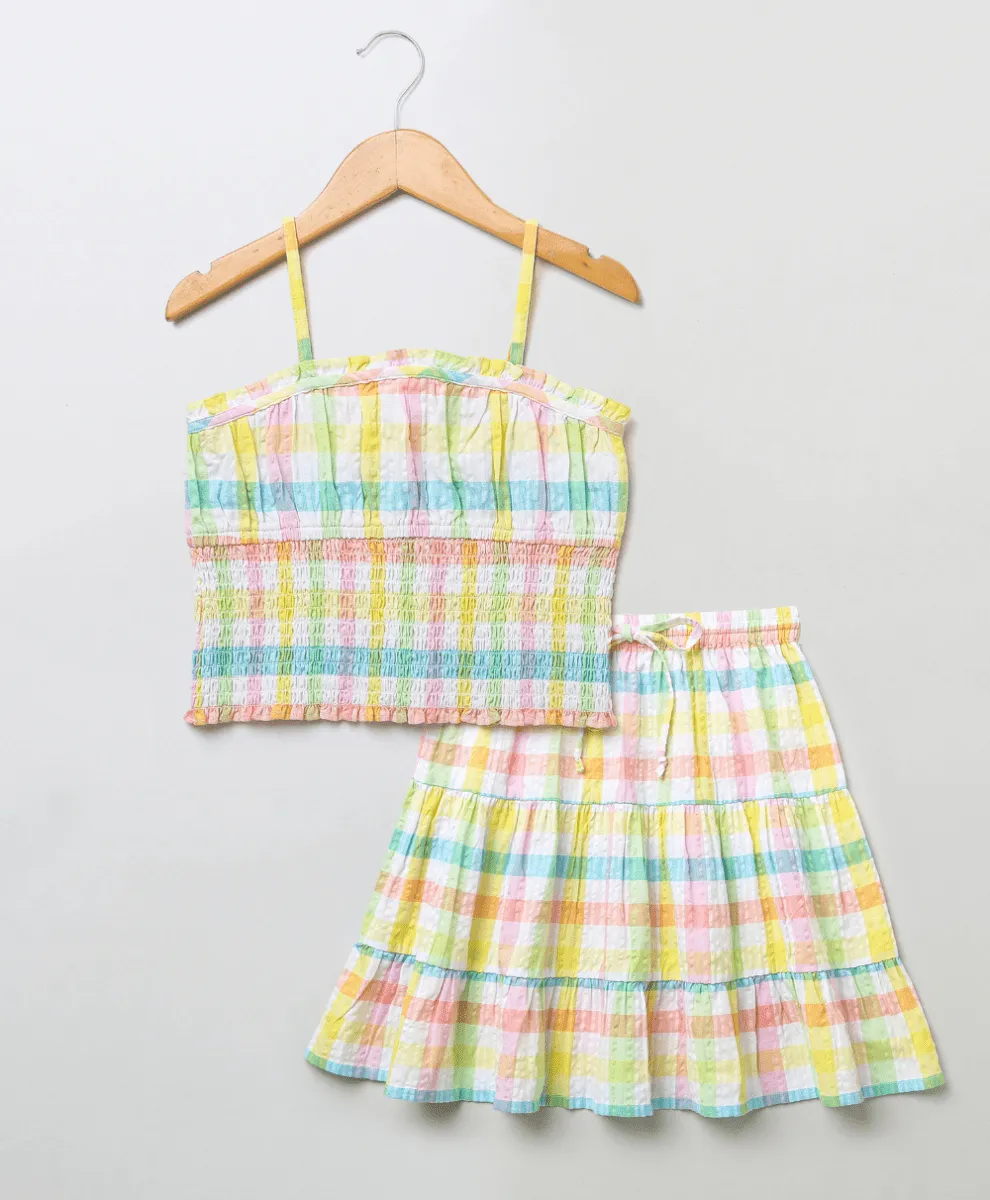 Sweetlime By AS Cotton Checkered Skirt top smoking co-ord set- Multi