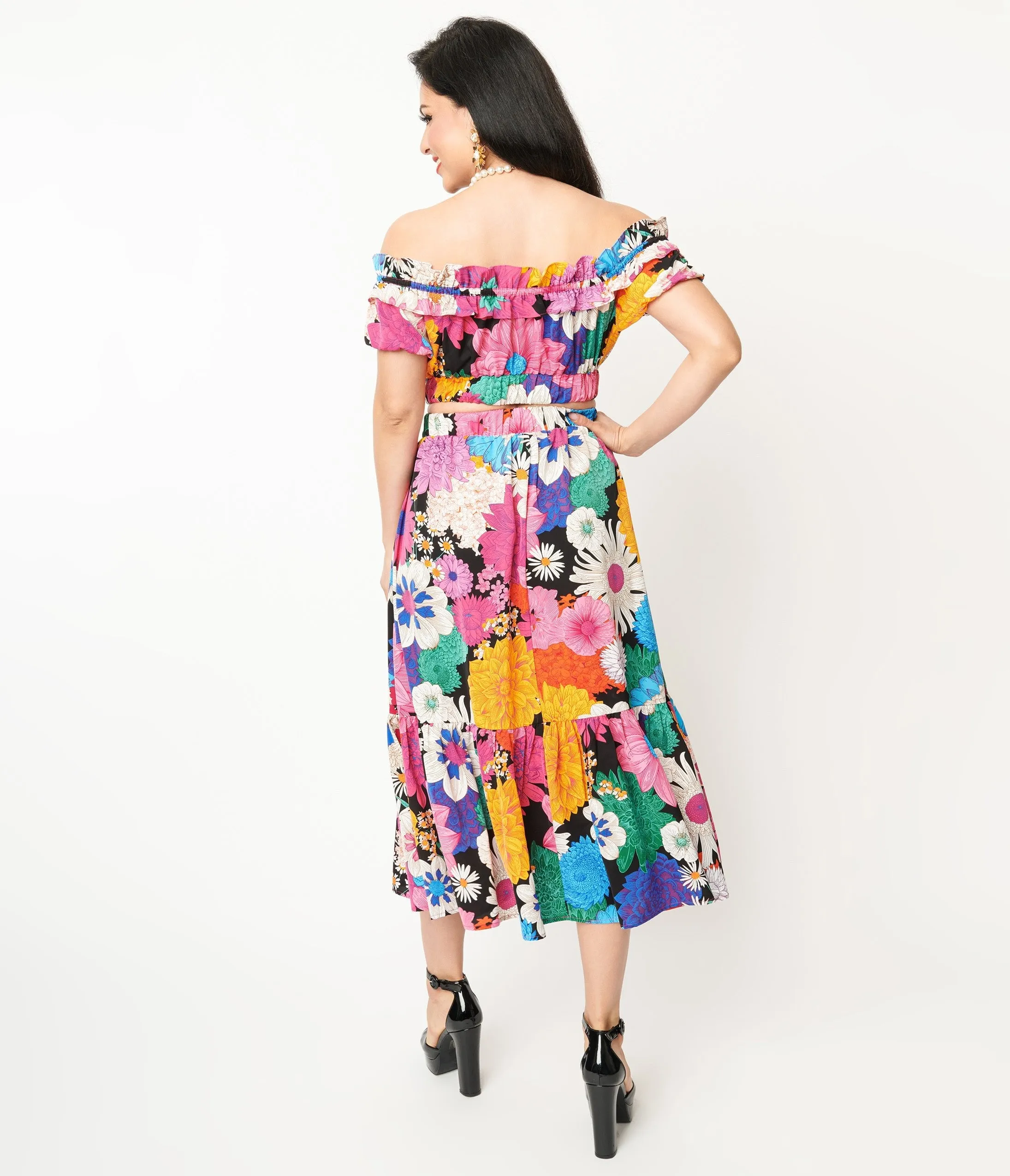 Unique Vintage 1970s Black & Rainbow Floral Midi Skirt